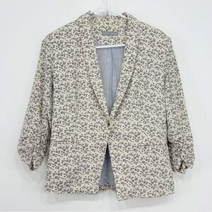 Olivia Moon Cream Blue Floral Print Linen Blend Ruched Sleeve Blazer Jacket